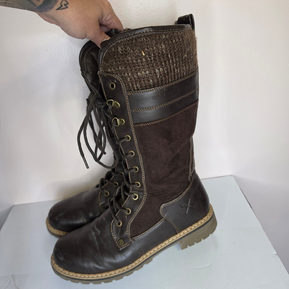 Denver Hayes Gorpcore Lace Up Knit Trim Tall Boots 9.5 Brown Faux Fur Lined